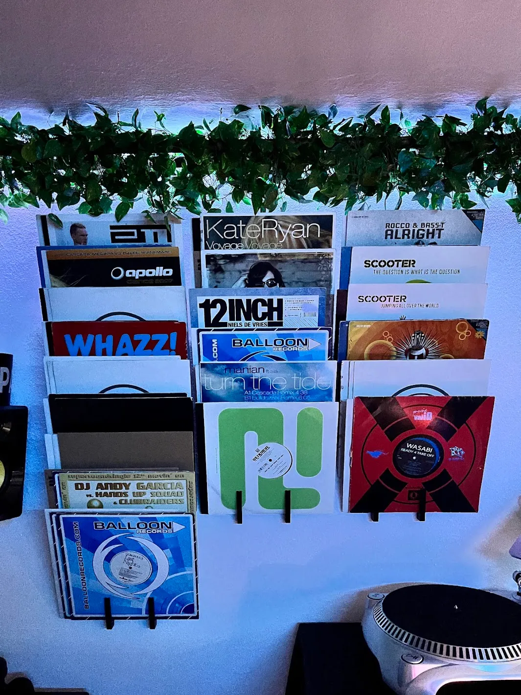 A wall of 12-inch vinyl records in 3D printed holders